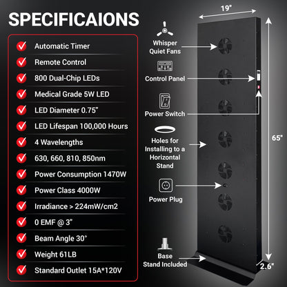 EXESAS 800 LED Full-Body Red Light Therapy Panel – 4000W Dual-Chip, 4 Wavelengths, 65" Panel, Remote Control