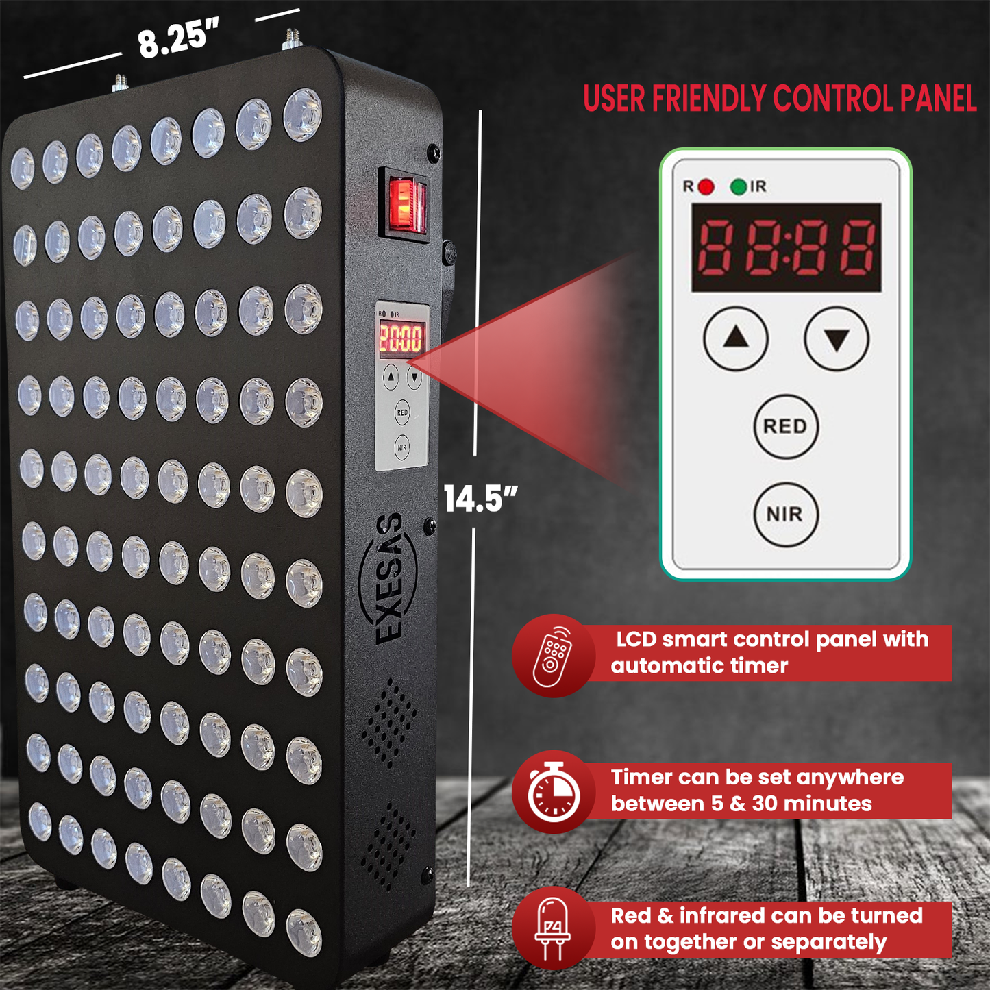 EXESAS 80 LED Red Light Therapy Panel – 400W Dual-Chip, 660nm & 850nm, High Irradiance, 2-Year Warranty