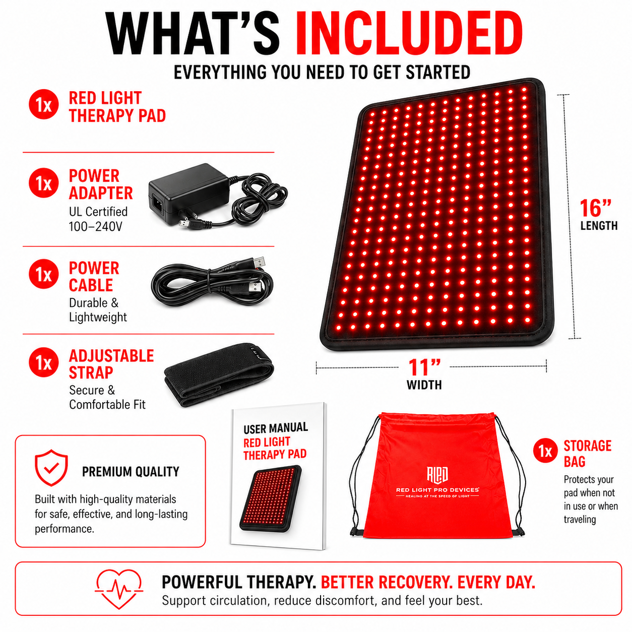 Medium Red Light Therapy Pad – 16" x 11" | 1,080 LEDs | 660nm + 850nm | 12V Car Adapter
