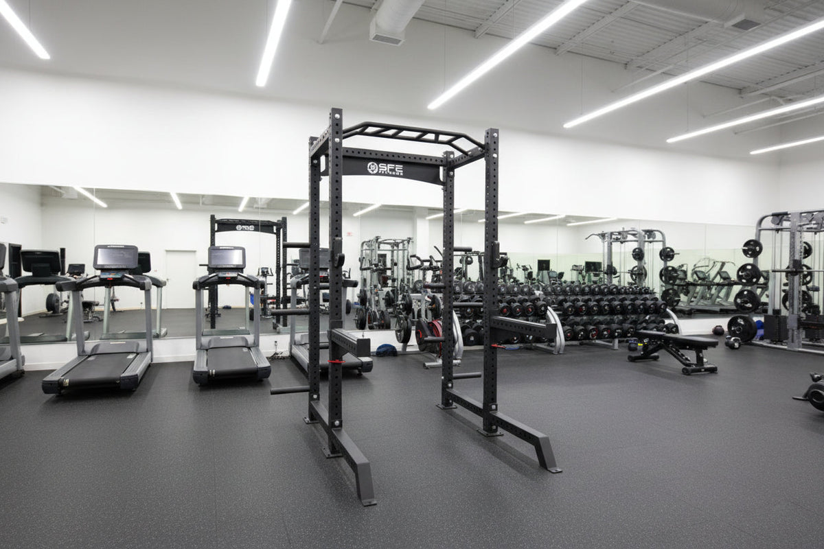 SFE Squat Rack with Safety Bars, Weight Storage & 7 ft Barbell