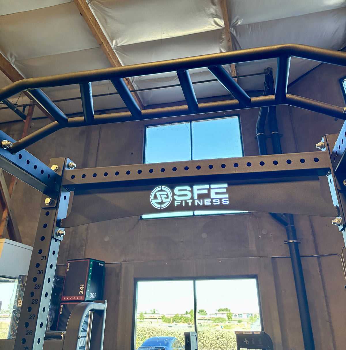 SFE Squat Rack with Safety Bars, Weight Storage & 7 ft Barbell