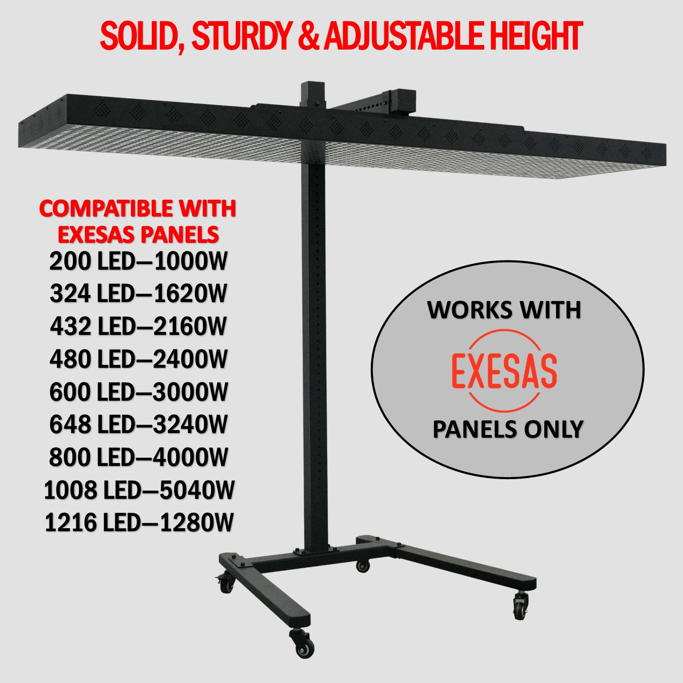 EXESAS Horizontal Rolling Stand for Red Light Therapy Panels – Adjustable 30–61", 120 lb Capacity