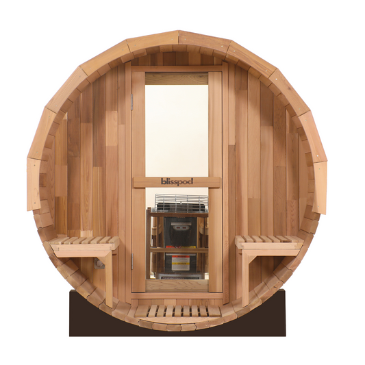 Blisspod Prague Barrel Sauna with Porch | Canadian Red Cedar | Outdoor Steam Sauna with Full Glass Back