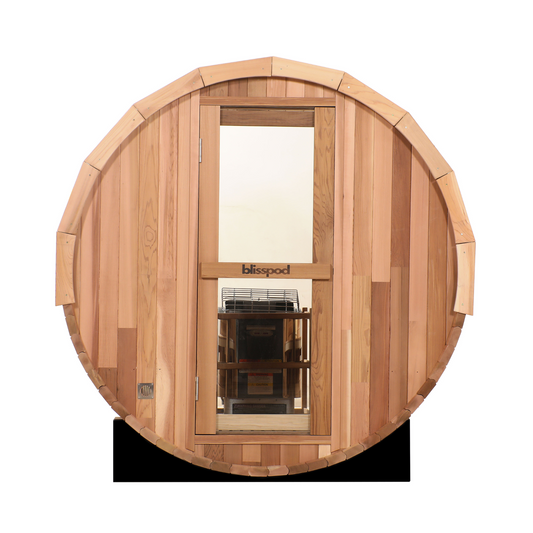 Blisspod Prague Barrel Sauna | Canadian Red Cedar | Outdoor Steam Sauna with Full Glass Back