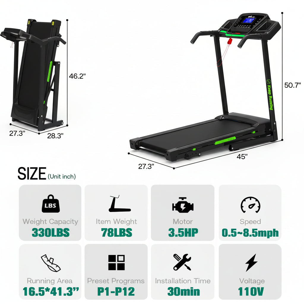 Folding Treadmill with Incline, 3.5HP Home Gym Fitness Workout Jogging Walking 330 LBS Capacity
