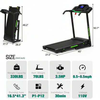 Folding Treadmill with Incline, 3.5HP Home Gym Fitness Workout Jogging Walking 330 LBS Capacity