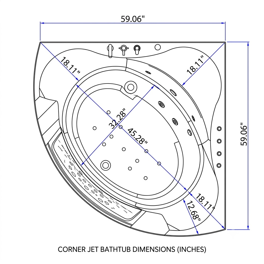59" Corner Whirlpool Bathtub – 2-Person Hydro Massage Tub with Jets & LED Lighting