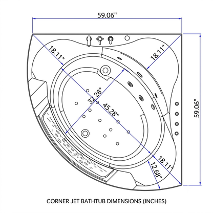 59" Corner Whirlpool Bathtub – 2-Person Hydro Massage Tub with Jets & LED Lighting