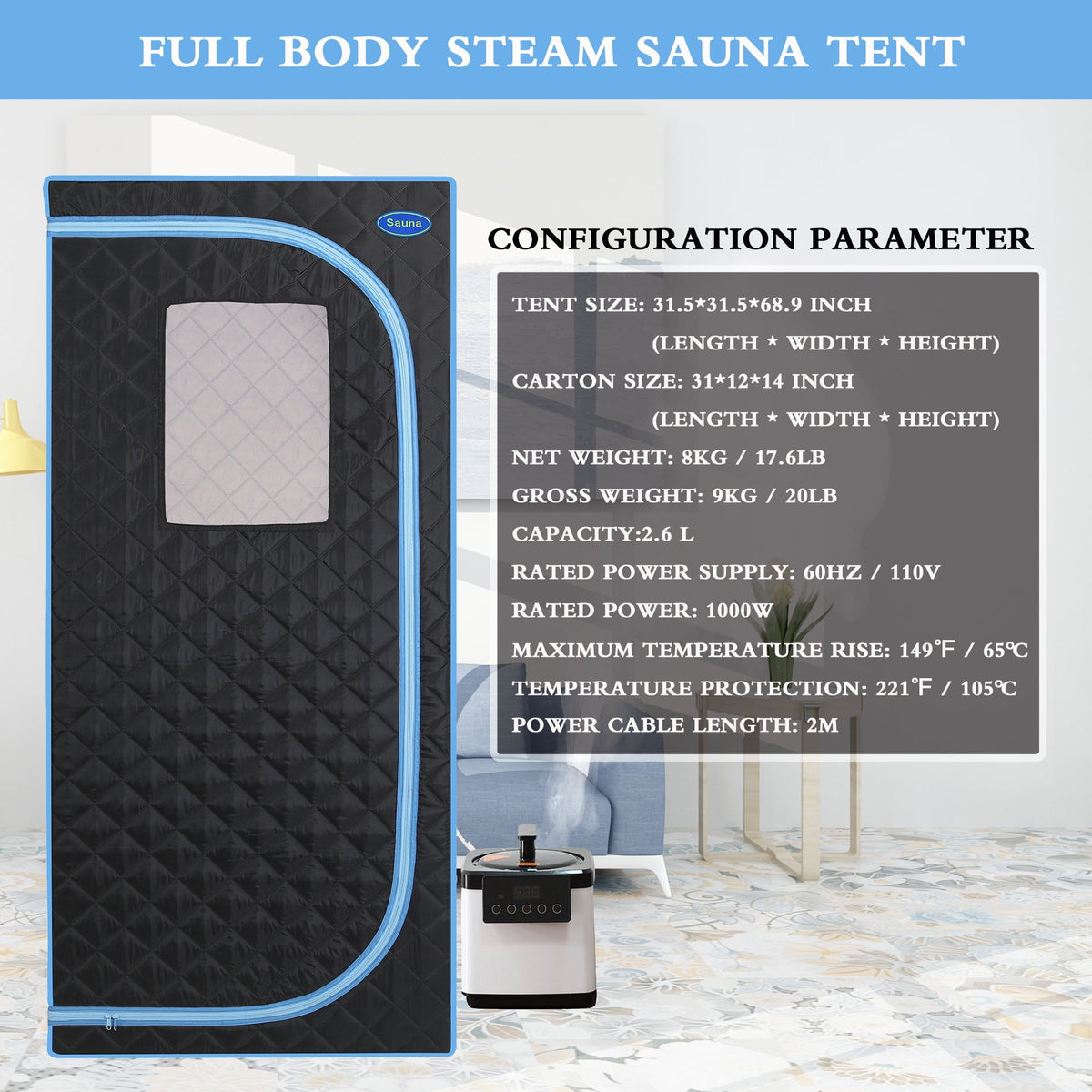 Portable Plus Full-Size Steam Sauna Tent, Black with Blue Trim