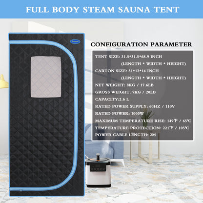 Portable Plus Full-Size Steam Sauna Tent, Black with Blue Trim