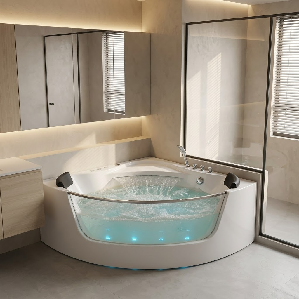 59" Corner Whirlpool Bathtub – 2-Person Hydro Massage Tub with Jets & LED Lighting