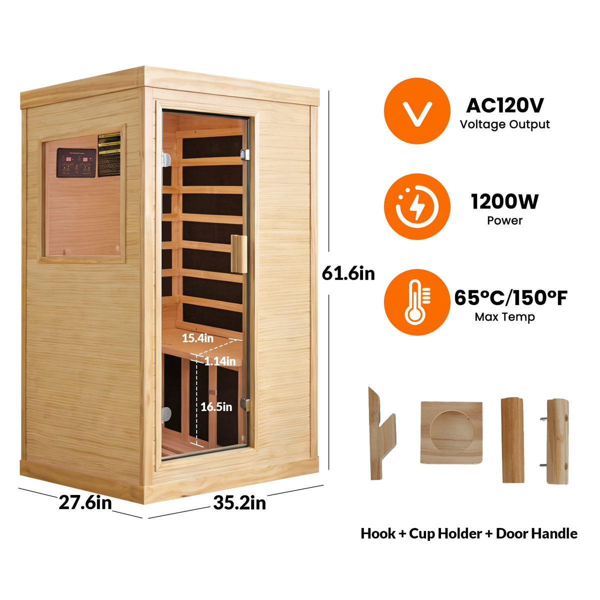 Single Person Indoor Sauna Room – Chilean Pine | 7 Carbon Heating Plates