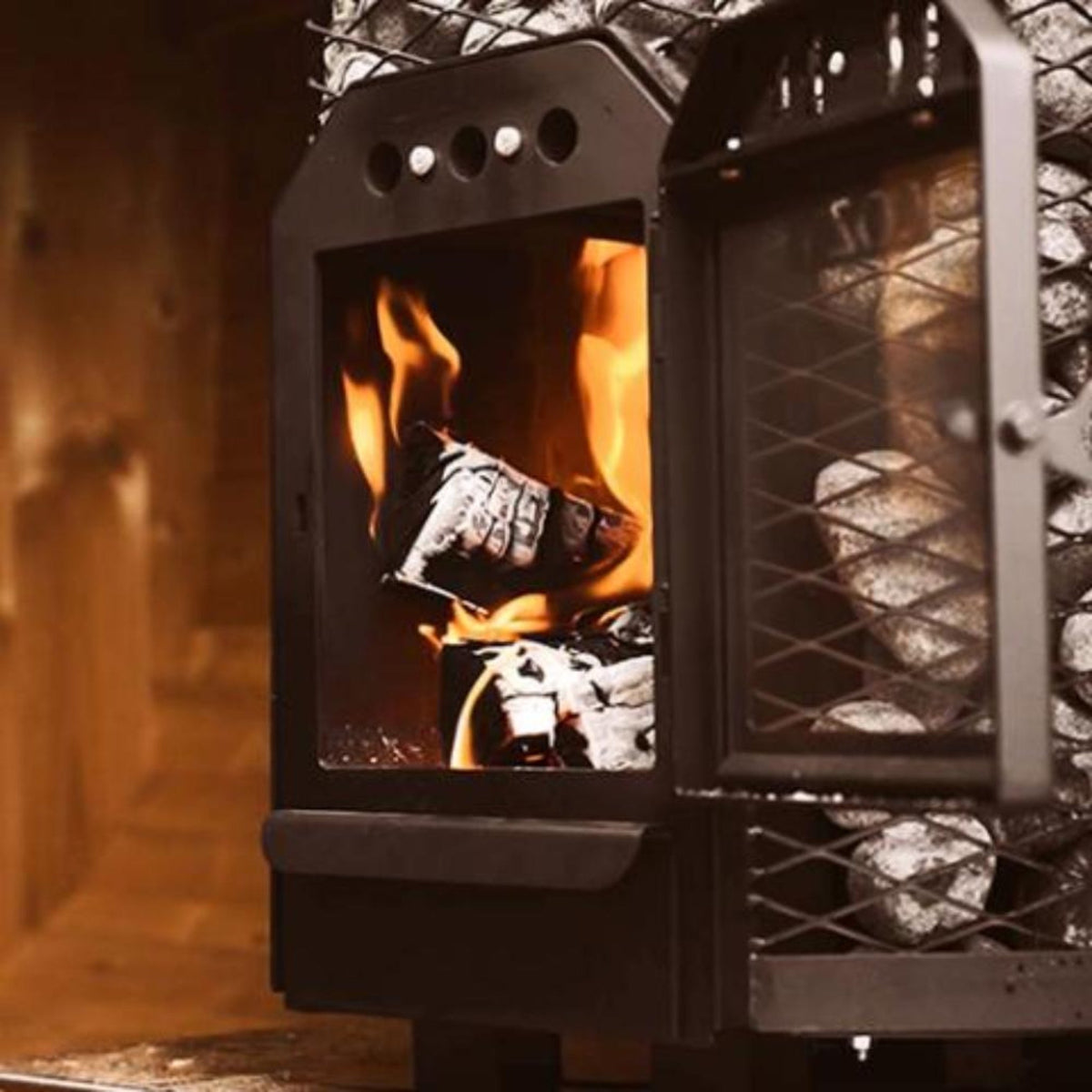 Cozy Heat O Thru-Wall Wood-Burning Sauna Stove with Sauna Stones