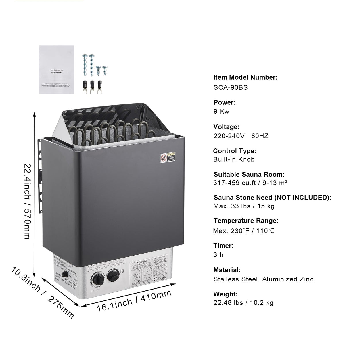9 kW Electric Sauna Heater with Built-In Controls