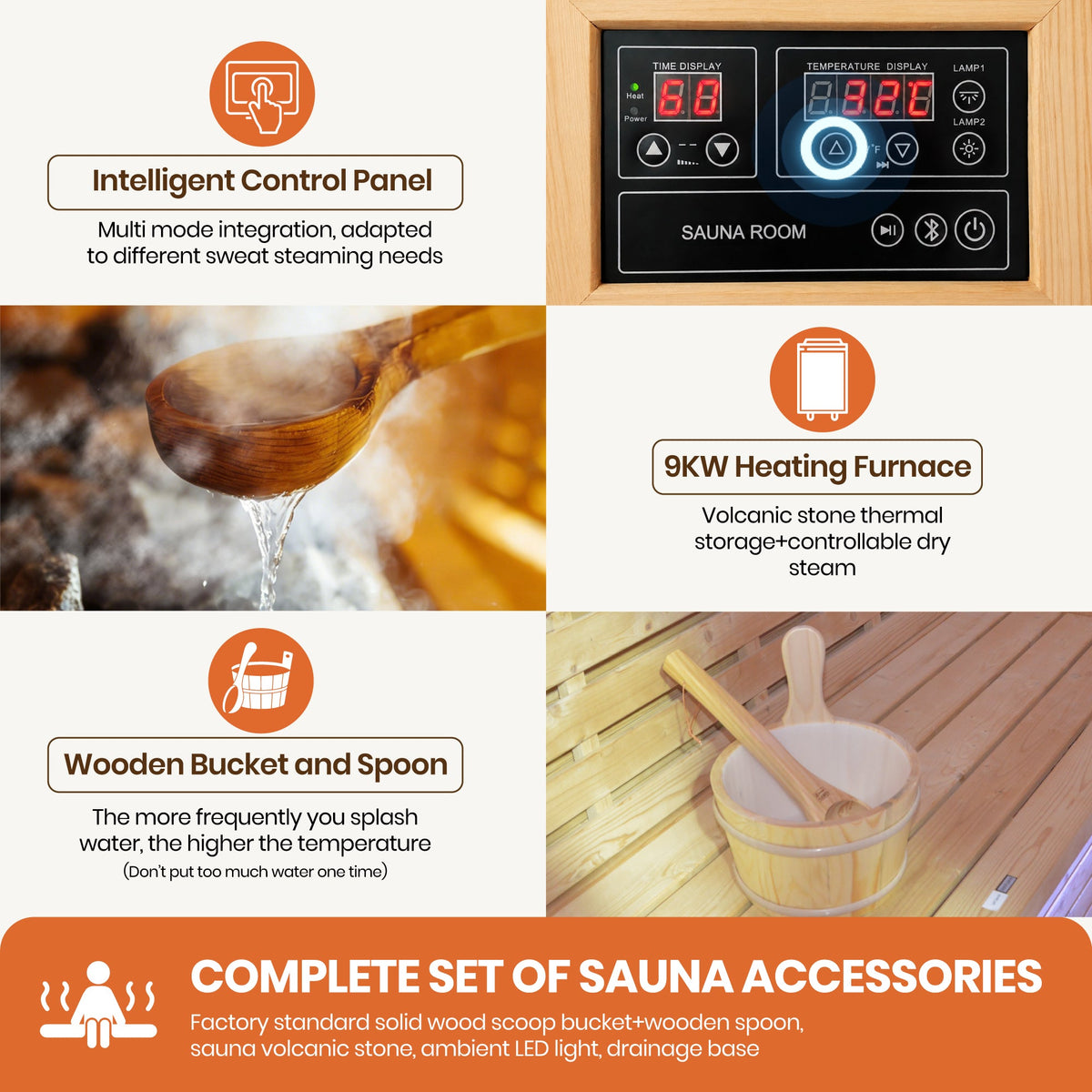 Finnish Carbonized Spruce Outdoor Sauna Room, 4–6 Person, 9000W