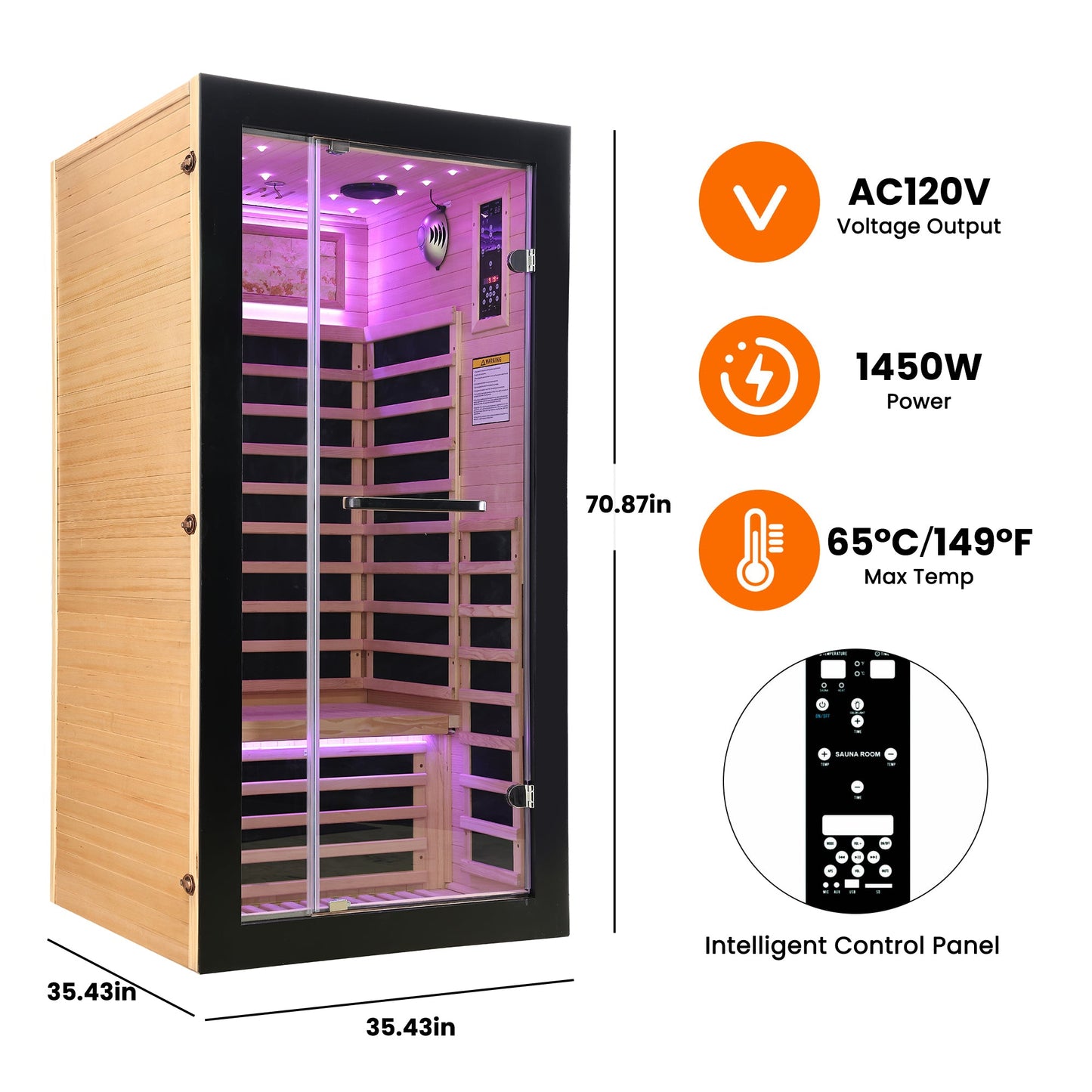 Infrared sauna with specifications on a white background