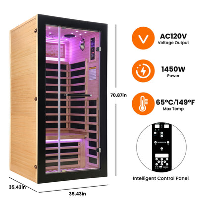 Infrared sauna with specifications on a white background