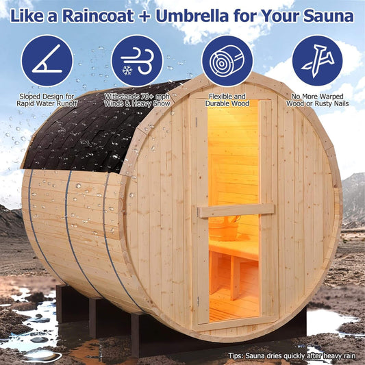 Thermora Haven Outdoor Pinewood Barrel Sauna Kit | 4.5KW Heater, Tempered Glass, All-Weather
