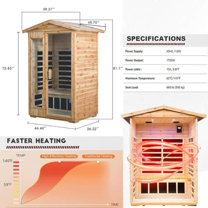 Thermora Zorin Premium 2-Person Indoor Outdoor Low EMF FAR-Infrared Hemlock Wood Personal Home Sauna Spa, 1750W (SAK27451)