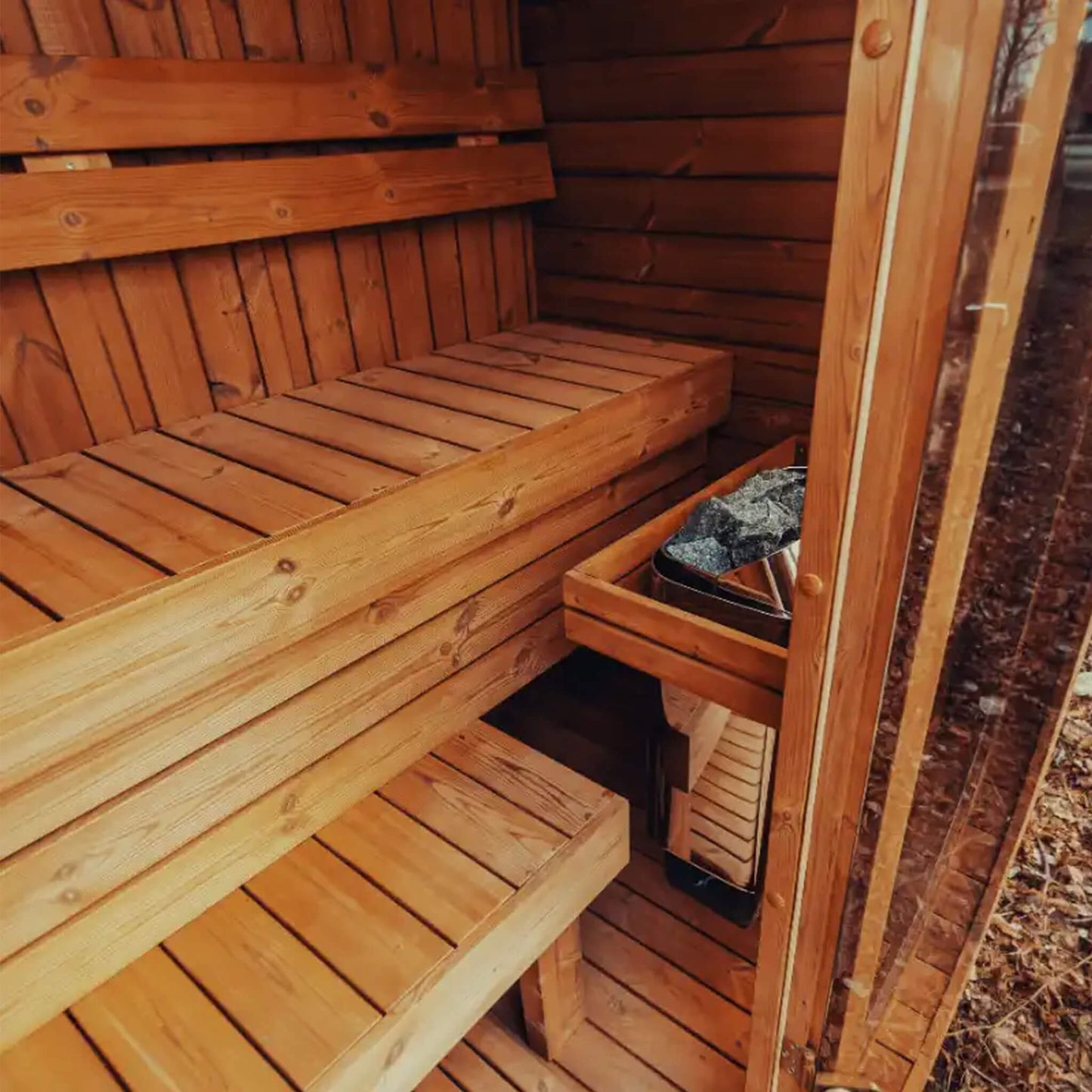 Premium 3-Person Outdoor Scandinavian ThermoWood Cube Sauna Kit With LED Lighting (SAK47582)