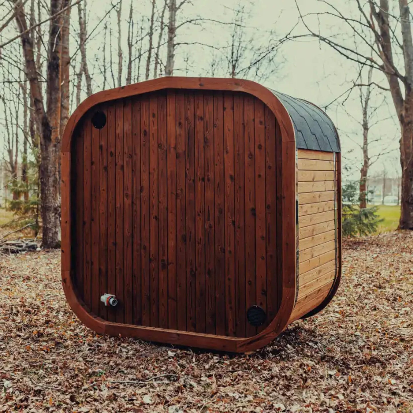 Premium 3-Person Outdoor Scandinavian ThermoWood Cube Sauna Kit With LED Lighting (SAK47582)