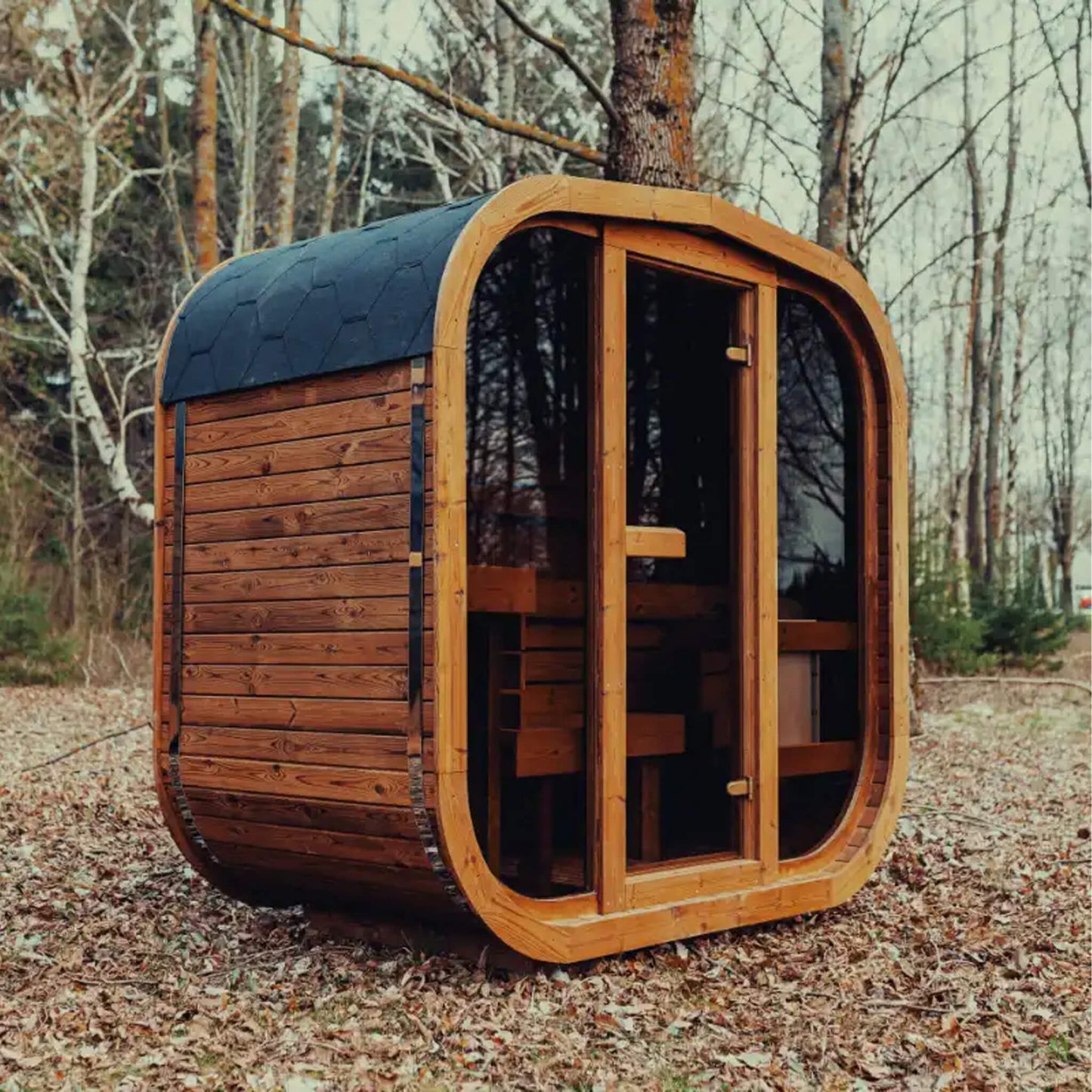 Premium 3-Person Outdoor Scandinavian ThermoWood Cube Sauna Kit With LED Lighting (SAK47582)