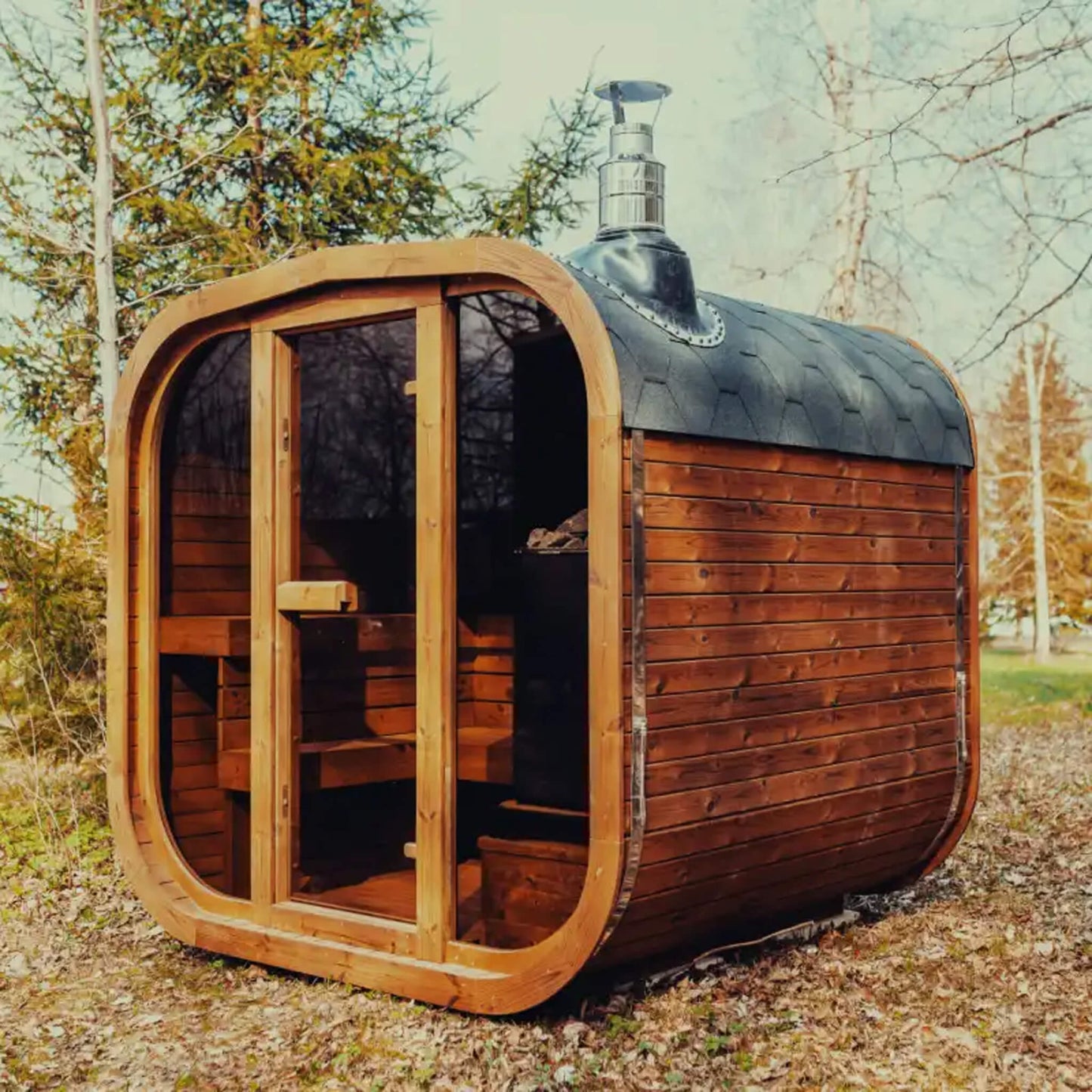 Premium 6-Person Outdoor Scandinavian ThermoWood Cube Sauna Kit With LED Lighting (SAK89146)