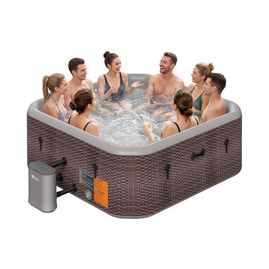 8-Person Inflatable Square Hot Tub with 220 Massage Jets | 85-Inch Rattan Design