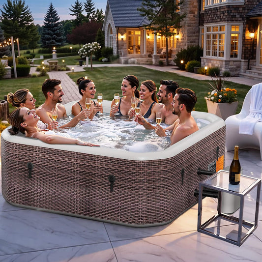 8-Person Inflatable Square Hot Tub with 220 Massage Jets | 85-Inch Rattan Design