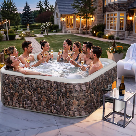 8-Person Inflatable Hot Tub with 180 Bubble Jets & Natural Stone Design