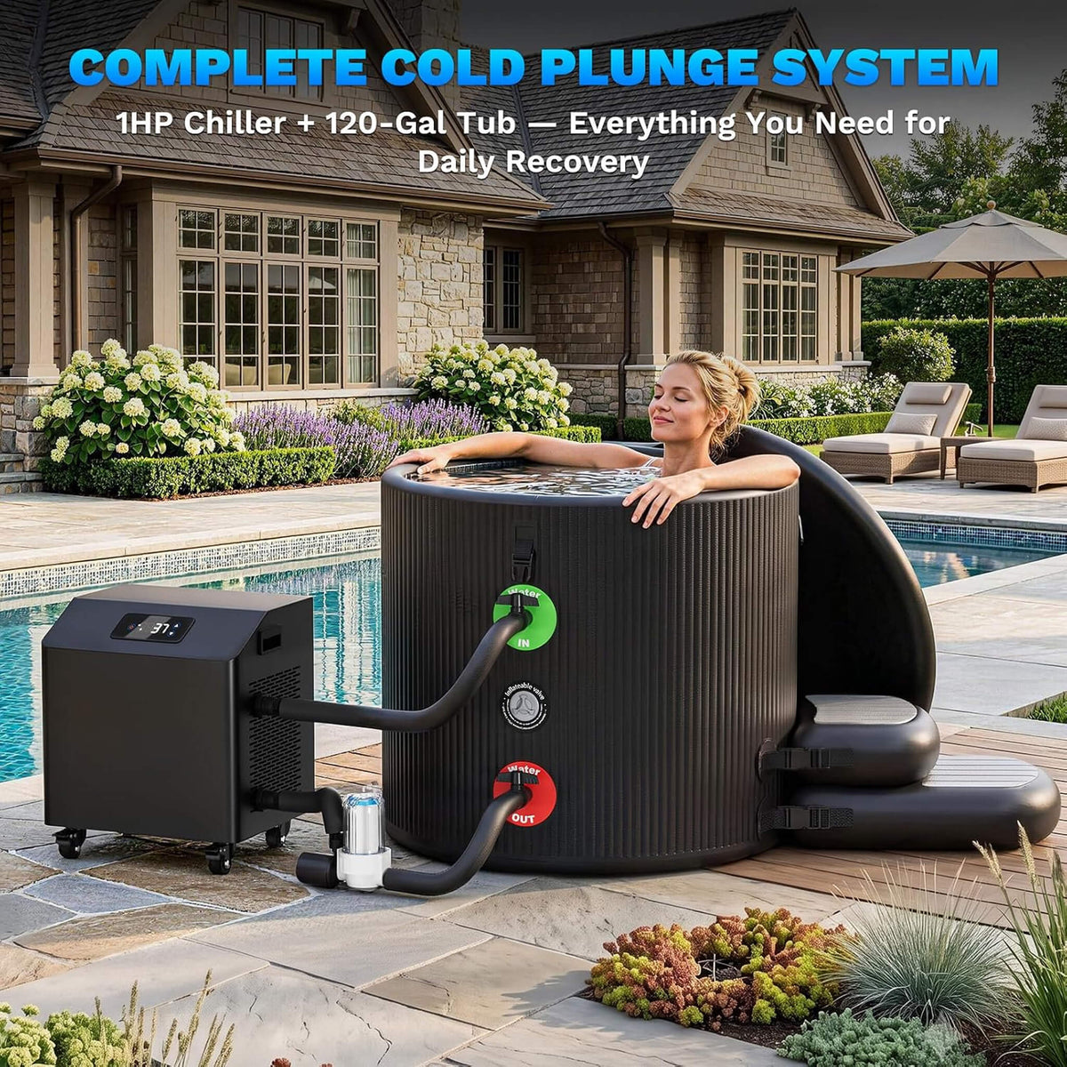 Premium XL 120-Gallon Cold Plunge Tub Kit With 1HP Chiller, Filter, and Pump