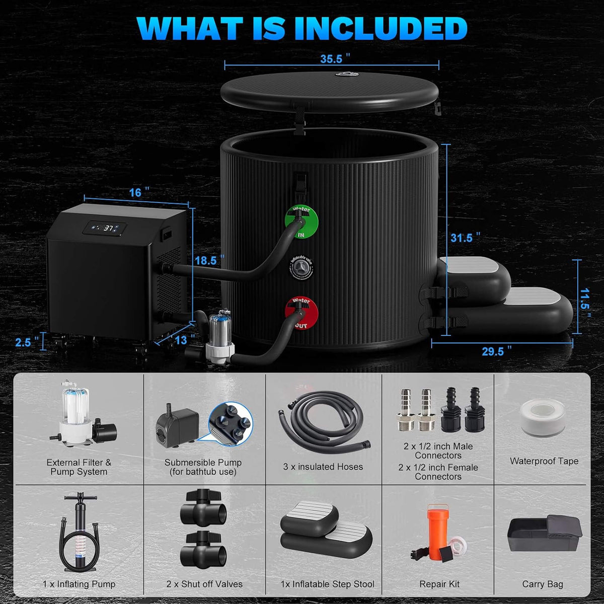 Premium XL 120-Gallon Cold Plunge Tub Kit With 1HP Chiller, Filter, and Pump