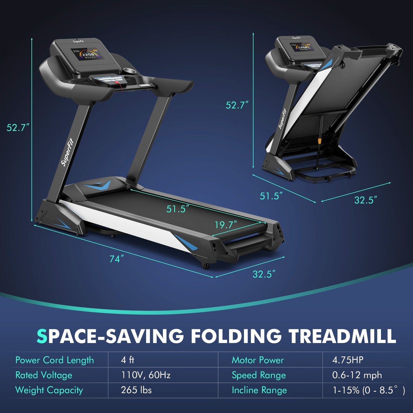 4.75HP Treadmill with Auto Incline, App Control, and Bluetooth Speaker — Black