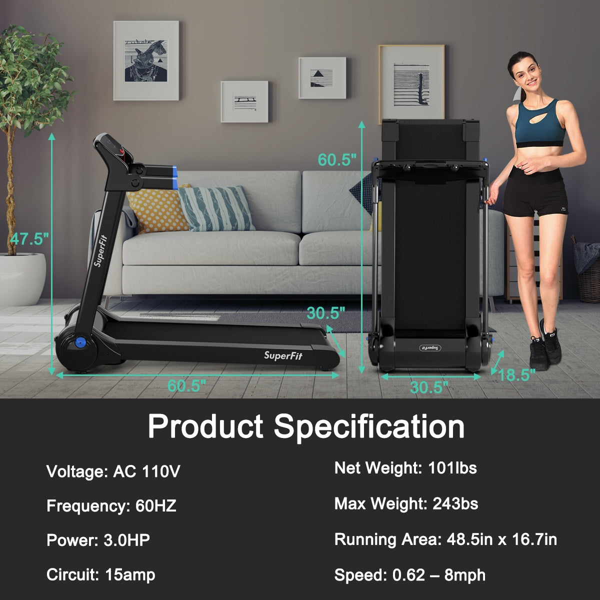 3HP Folding Treadmill with Bluetooth Speaker – Home & Office