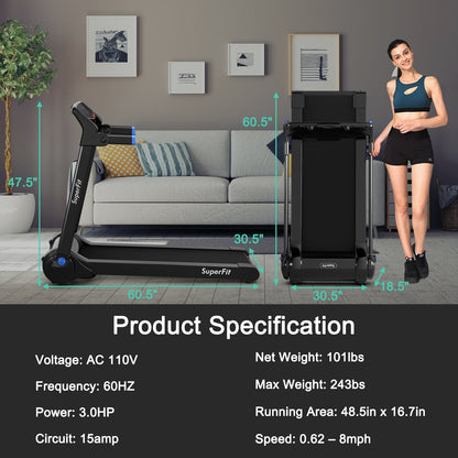 3HP Folding Treadmill with Bluetooth Speaker – Home & Office