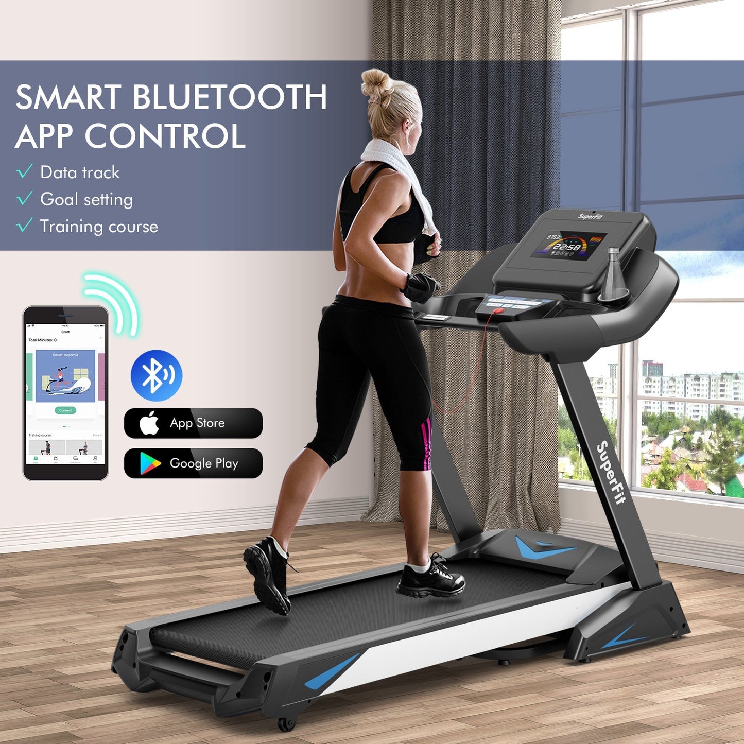 4.75HP Treadmill with Auto Incline, App Control, and Bluetooth Speaker — Black