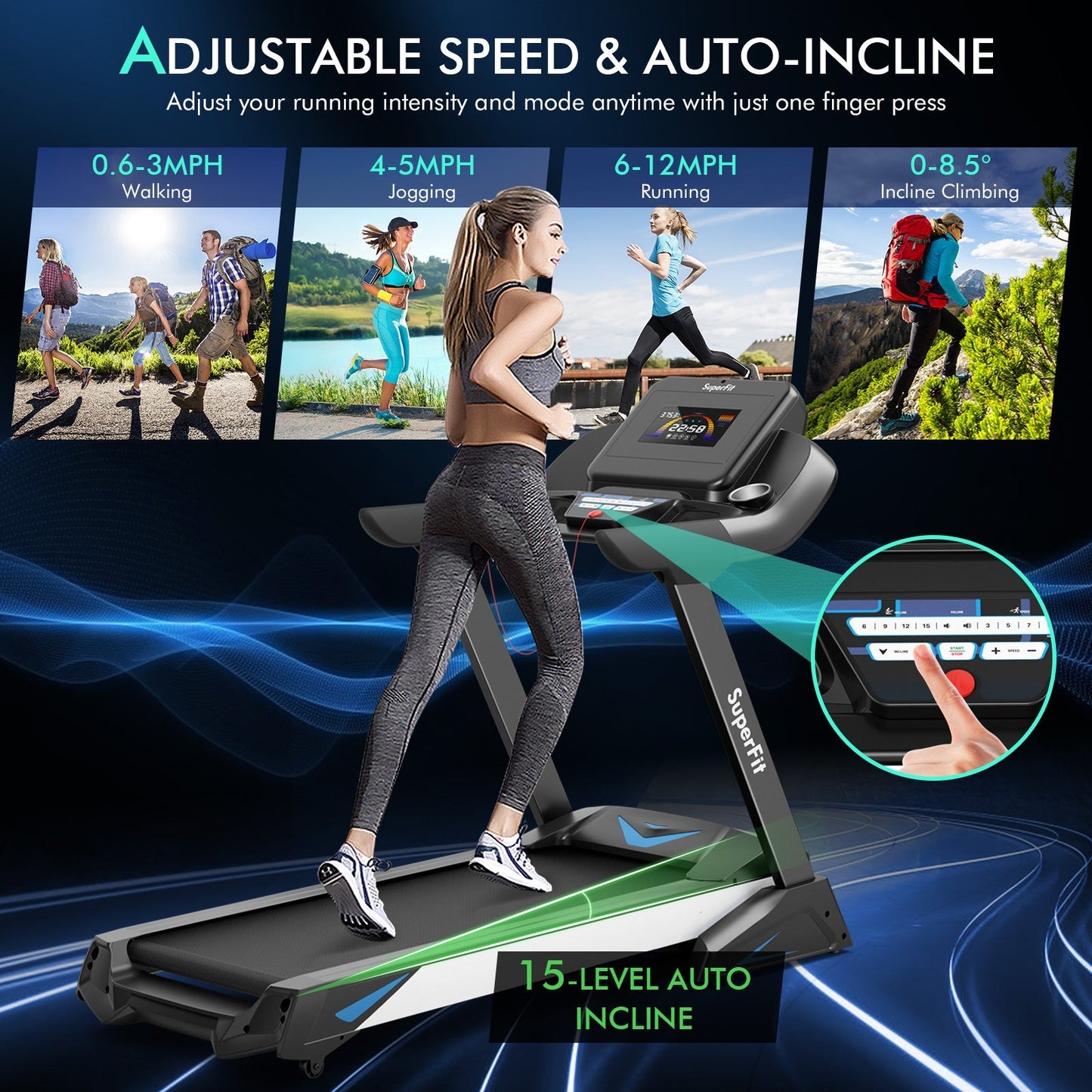 4.75HP Treadmill with Auto Incline, App Control, and Bluetooth Speaker — Black