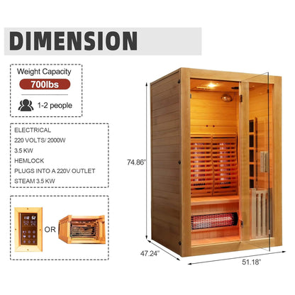 Rövia Luma 2-Person Indoor Hybrid Sauna Room With Infrared And 3.5KW Steam Heater [Made-To-Order] (SAK83750)