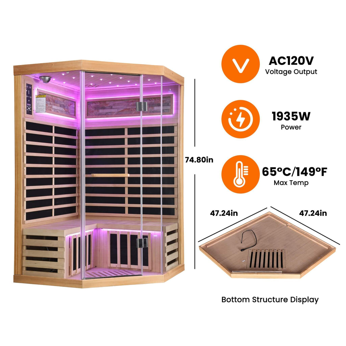 Thermora Premium Canadian Hemlock 2-Person Indoor Infrared Sauna with Glass Front