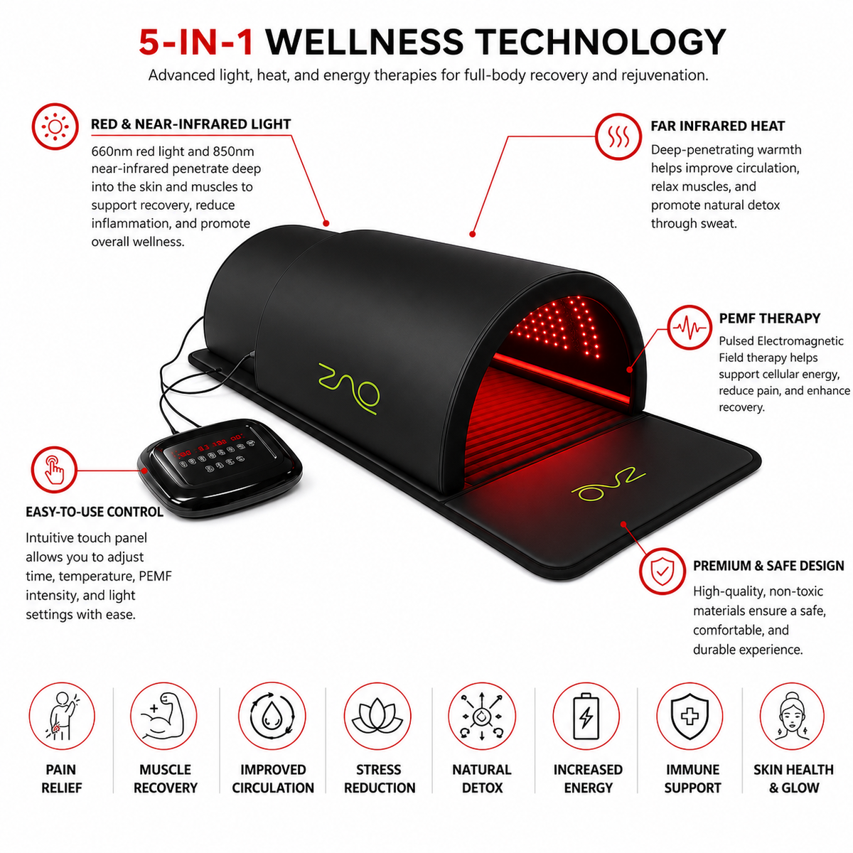 ZAQ ZUNA Pro Far Infrared Sauna Dome with PEMF & Red Light